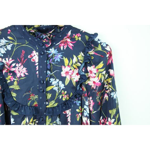 Biltmore 2X Blouse Ruffle Floral Bird Maximalist Satin Twee Elegant Office - Picture 3 of 13
